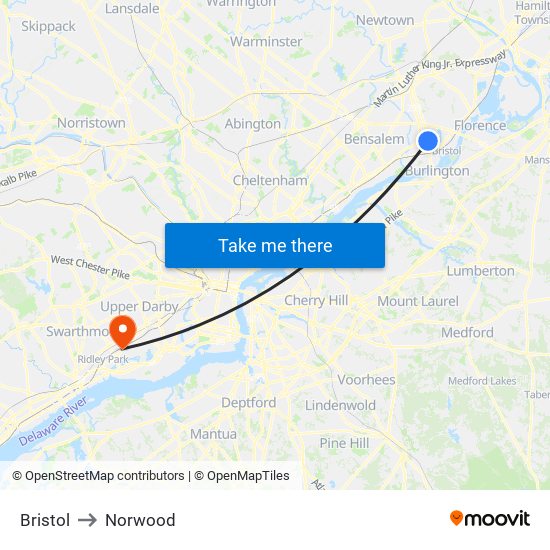 Bristol to Norwood map