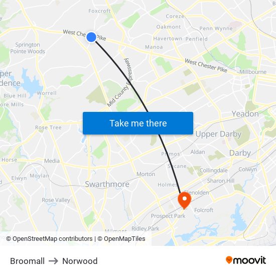 Broomall to Norwood map