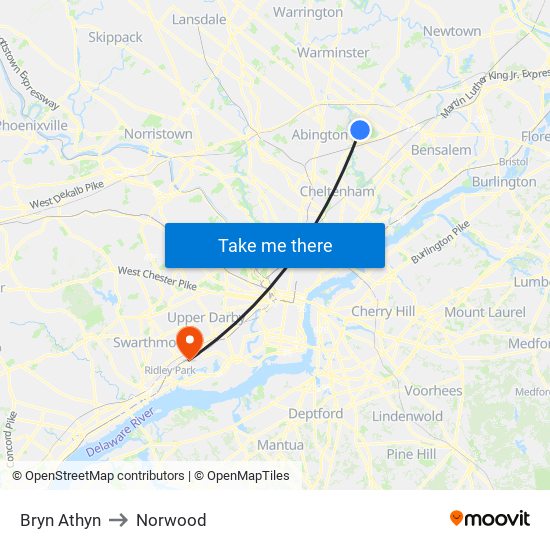 Bryn Athyn to Norwood map