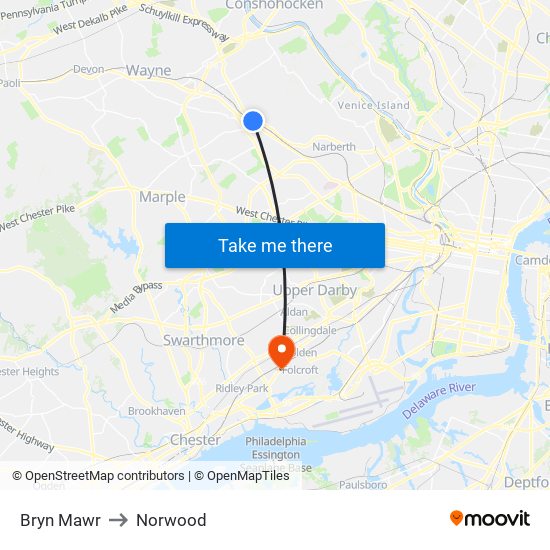 Bryn Mawr to Norwood map