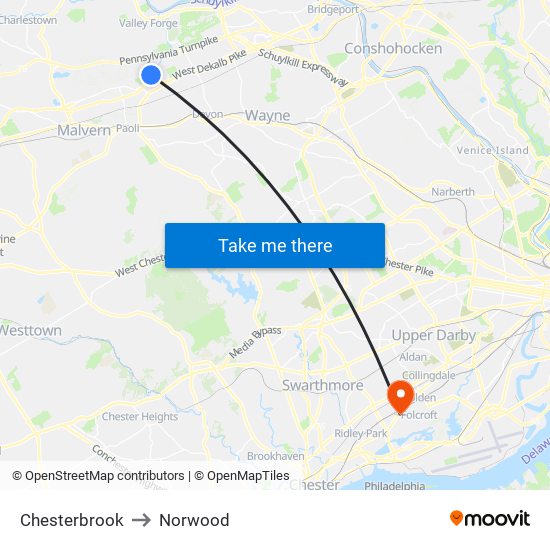 Chesterbrook to Norwood map