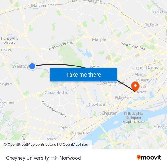 Cheyney University to Norwood map