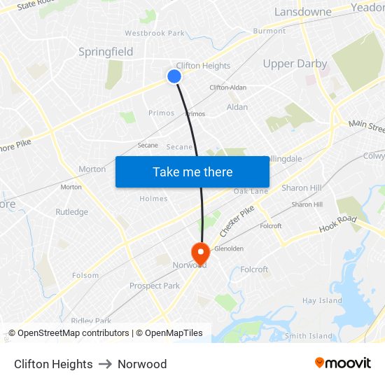 Clifton Heights to Norwood map
