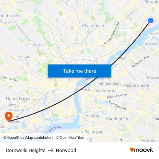 Cornwells Heights to Norwood map