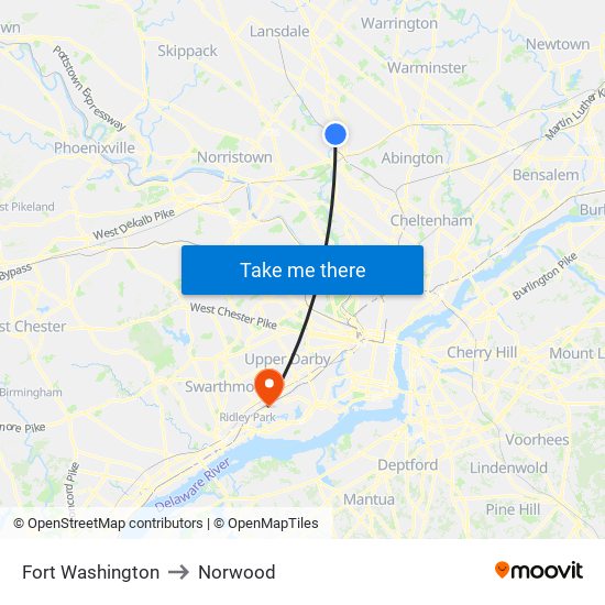 Fort Washington to Norwood map