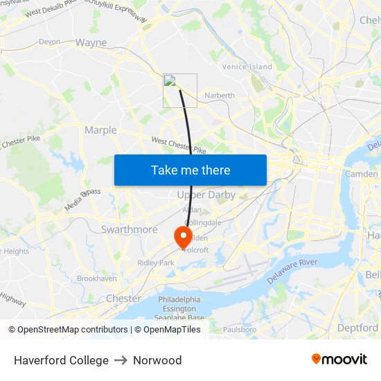 Haverford College to Norwood map