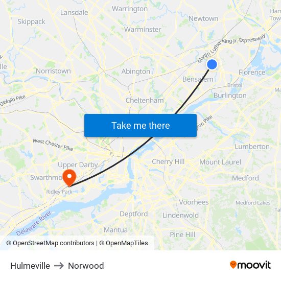 Hulmeville to Norwood map