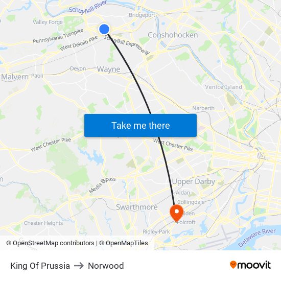 King Of Prussia to Norwood map