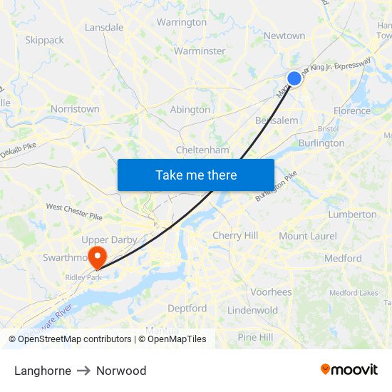 Langhorne to Norwood map