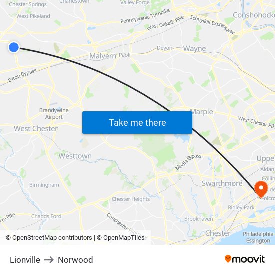 Lionville to Norwood map