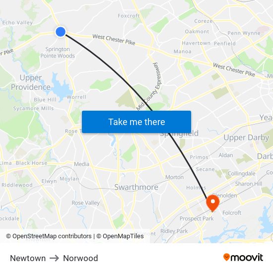 Newtown to Norwood map