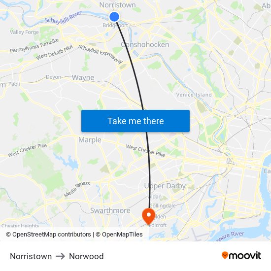 Norristown to Norwood map