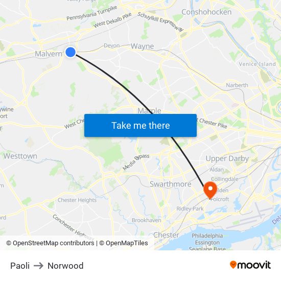 Paoli to Norwood map