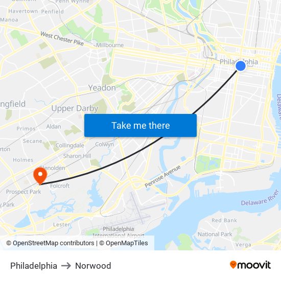 Philadelphia to Norwood map