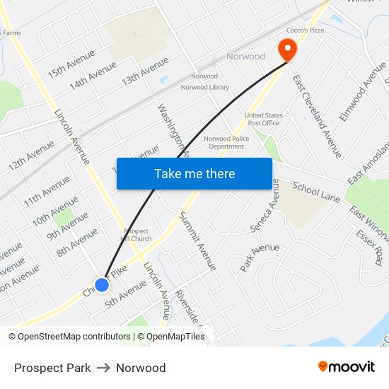 Prospect Park to Norwood map