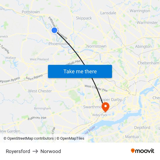 Royersford to Norwood map