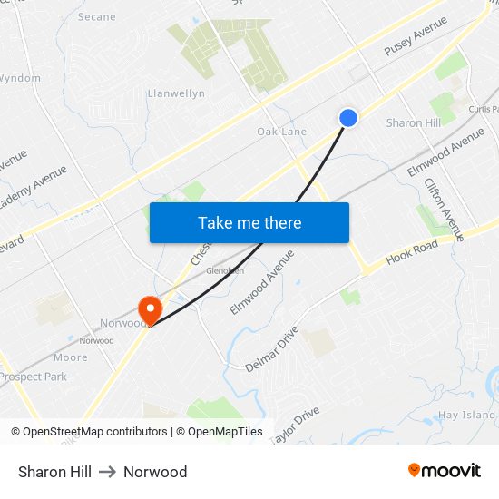 Sharon Hill to Norwood map