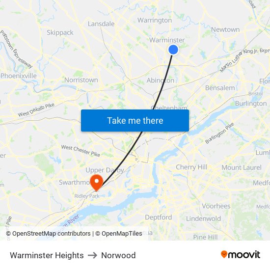 Warminster Heights to Norwood map