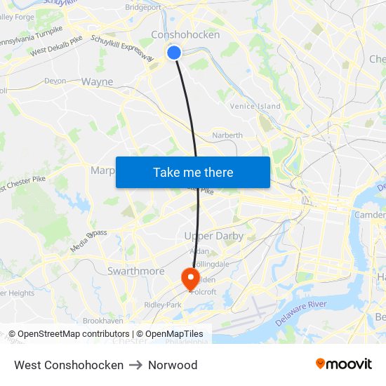 West Conshohocken to Norwood map