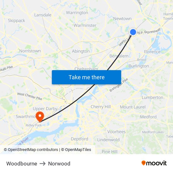 Woodbourne to Norwood map