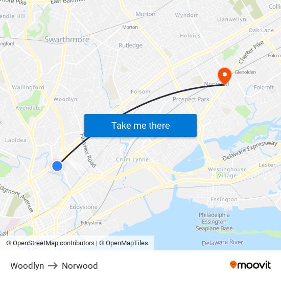 Woodlyn to Norwood map