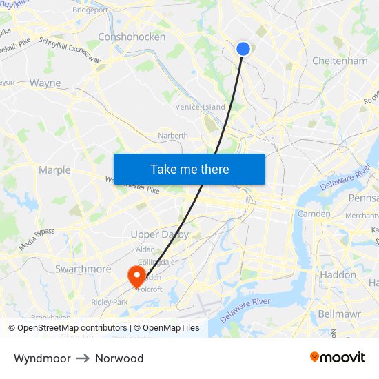 Wyndmoor to Norwood map
