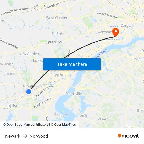 Newark to Norwood map