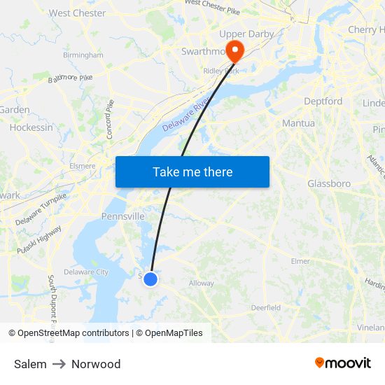Salem to Norwood map