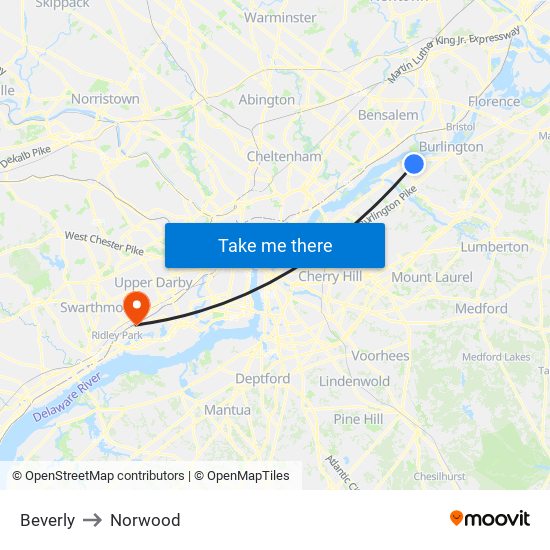 Beverly to Norwood map