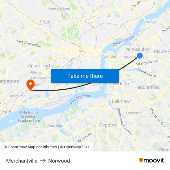 Merchantville to Norwood map