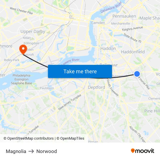 Magnolia to Norwood map