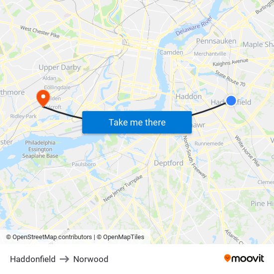 Haddonfield to Norwood map