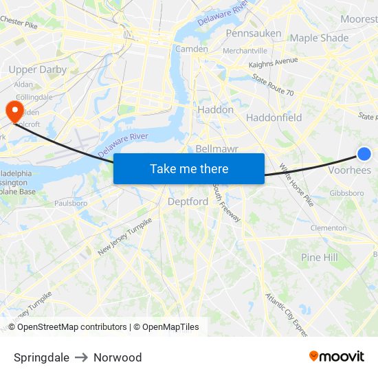 Springdale to Norwood map