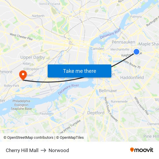Cherry Hill Mall to Norwood map