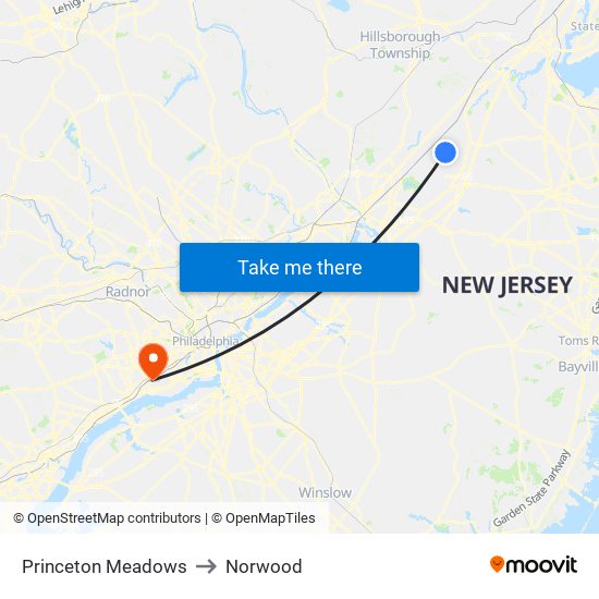 Princeton Meadows to Norwood map