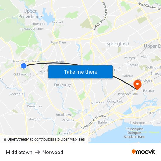 Middletown to Norwood map