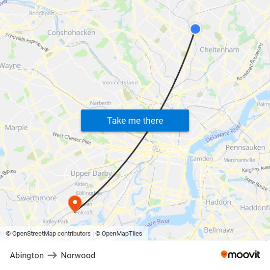 Abington to Norwood map