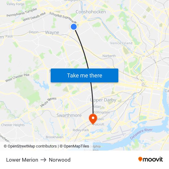 Lower Merion to Norwood map