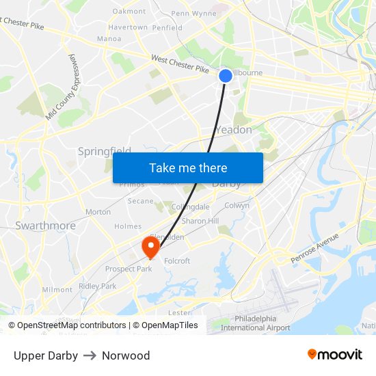 Upper Darby to Norwood map