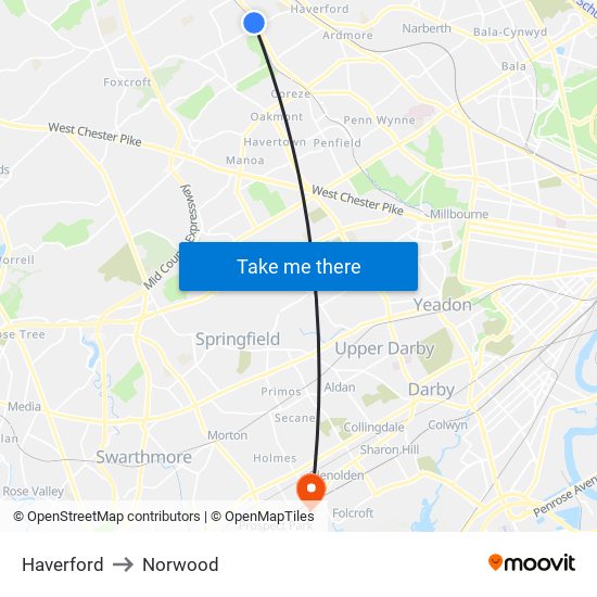 Haverford to Norwood map