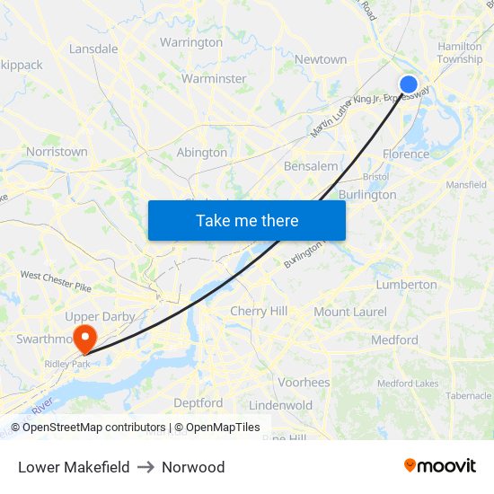 Lower Makefield to Norwood map
