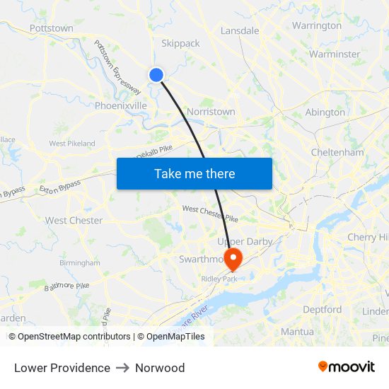 Lower Providence to Norwood map
