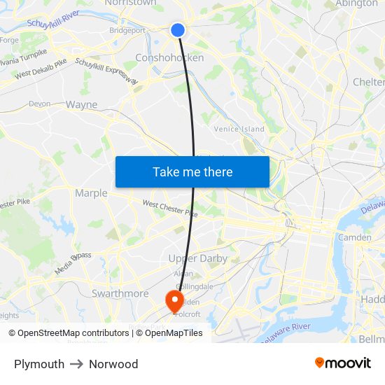 Plymouth to Norwood map
