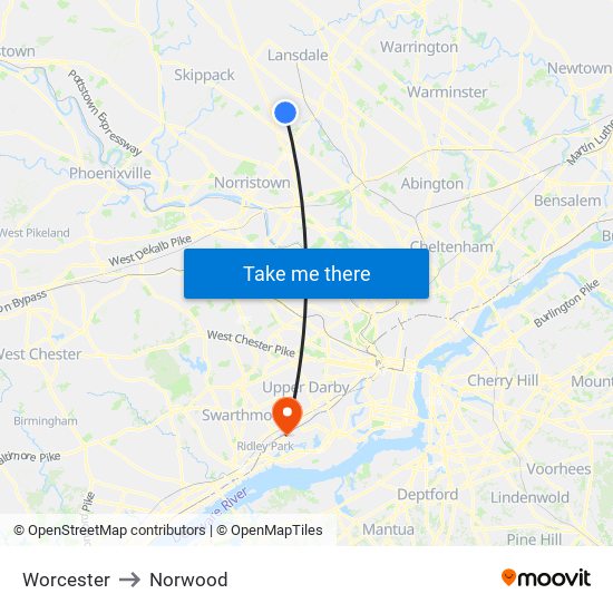 Worcester to Norwood map