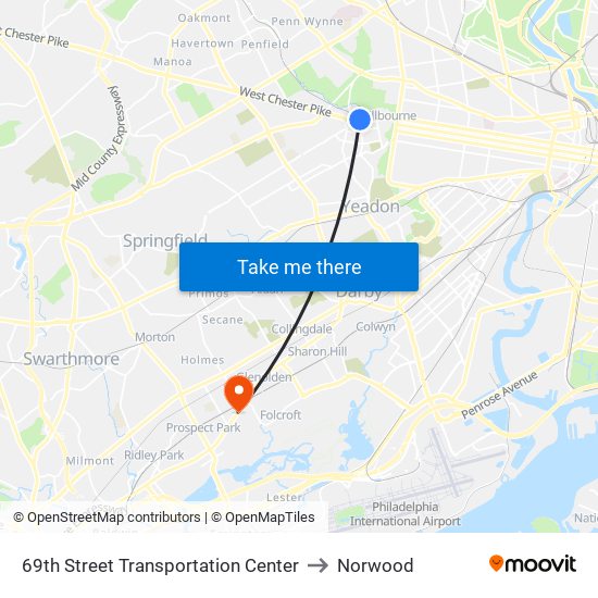 69th Street Transportation Center to Norwood map