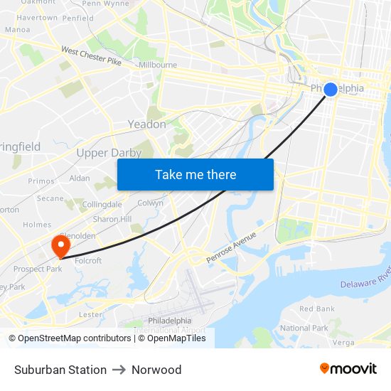 Suburban Station to Norwood map