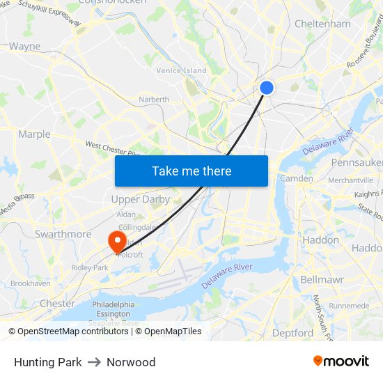 Hunting Park to Norwood map