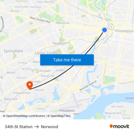 34th St Station to Norwood map