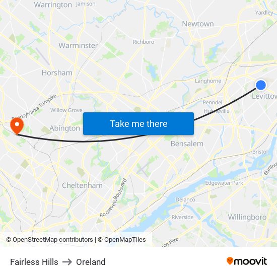 Fairless Hills to Oreland map