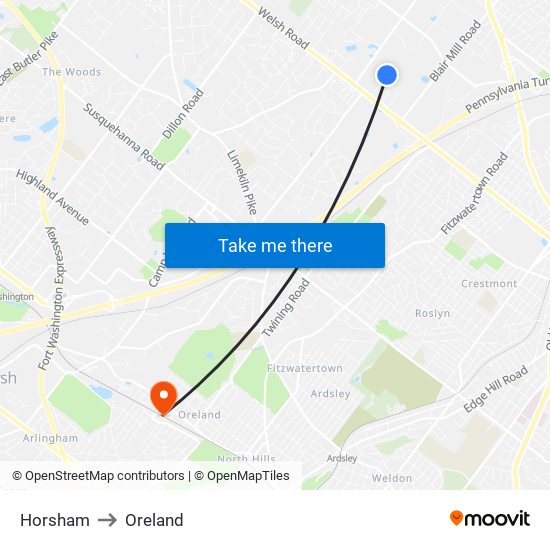 Horsham to Oreland map